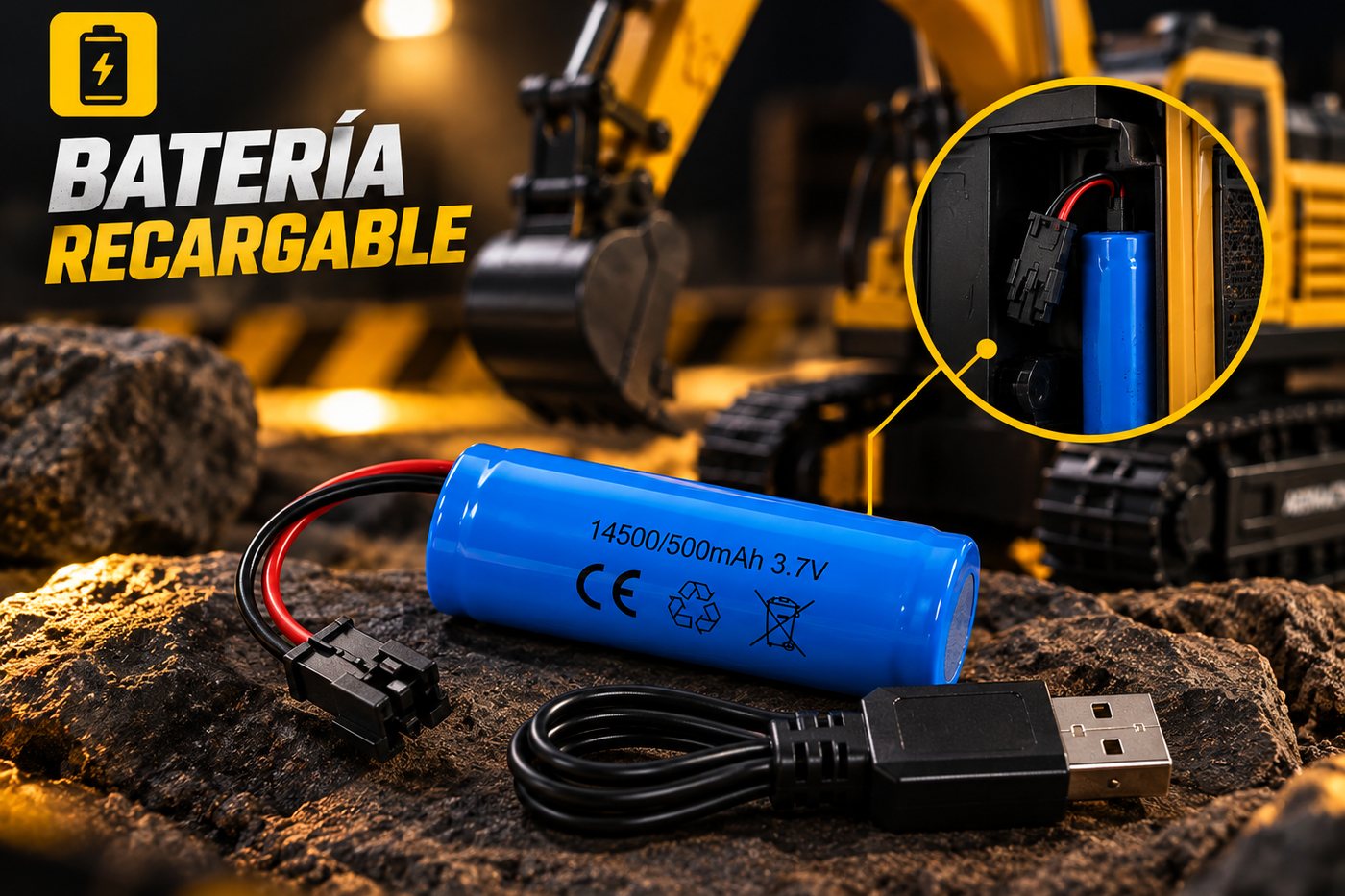 Batería recargable 14500 de 500 mAh 3.7V con cable USB para cargar la excavadora RC