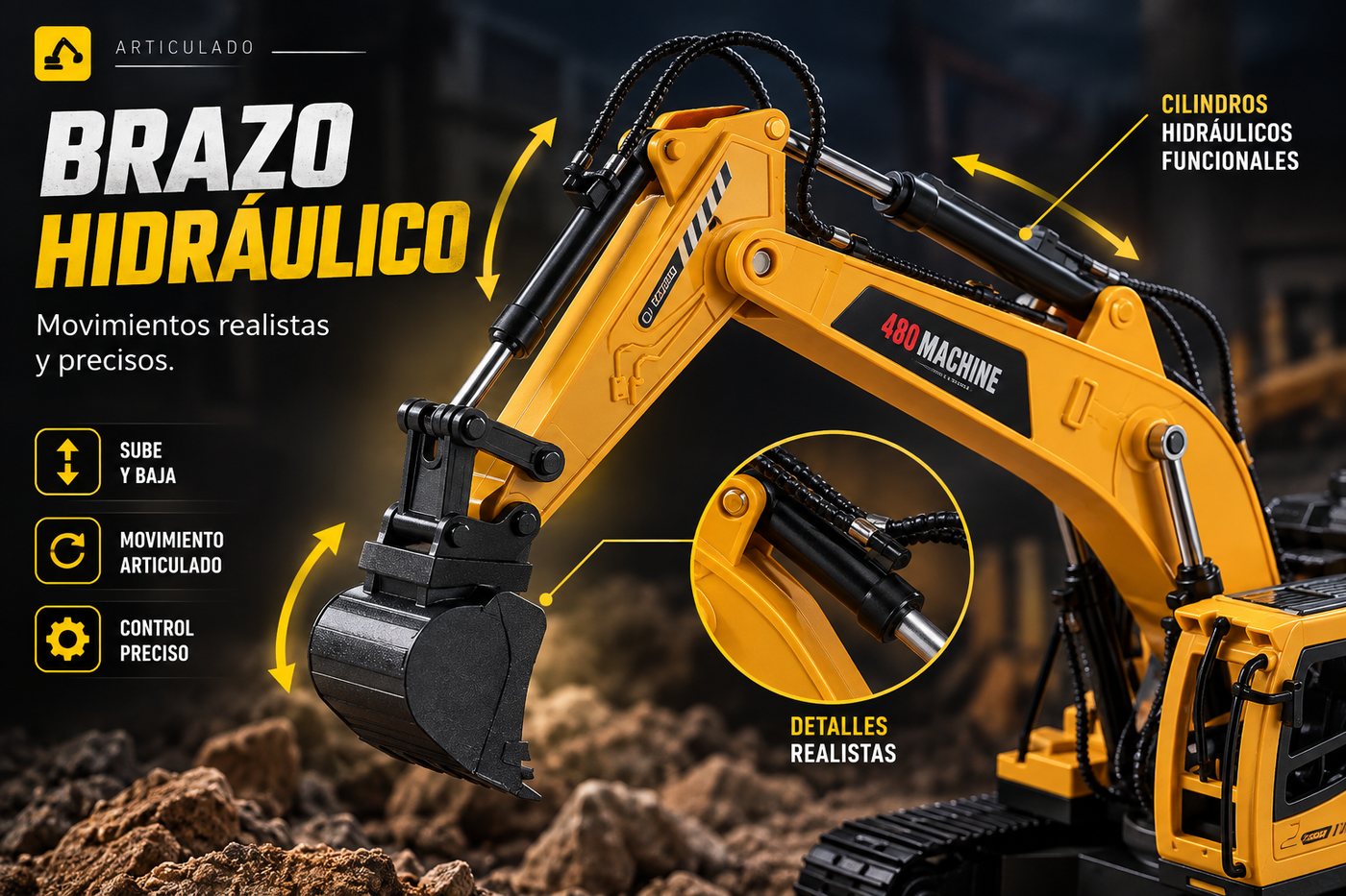 Brazo hidráulico articulado de la excavadora RC: sube, baja y se mueve con precisión