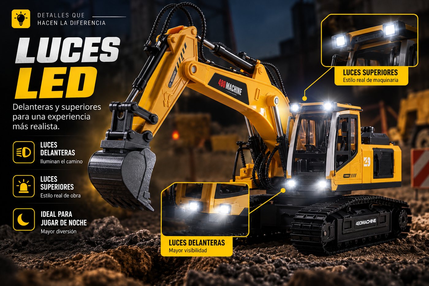 Luces LED delanteras y superiores de la excavadora RC, ideales para jugar de noche